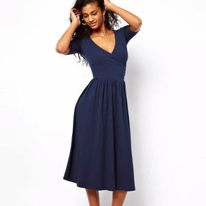 ASOS ballet wrap midi / knee length dress blue XS